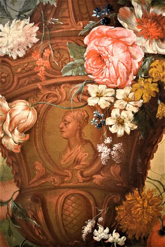 Nature Morte de Fleurs avec Putto et Fontaine dans un  jarden